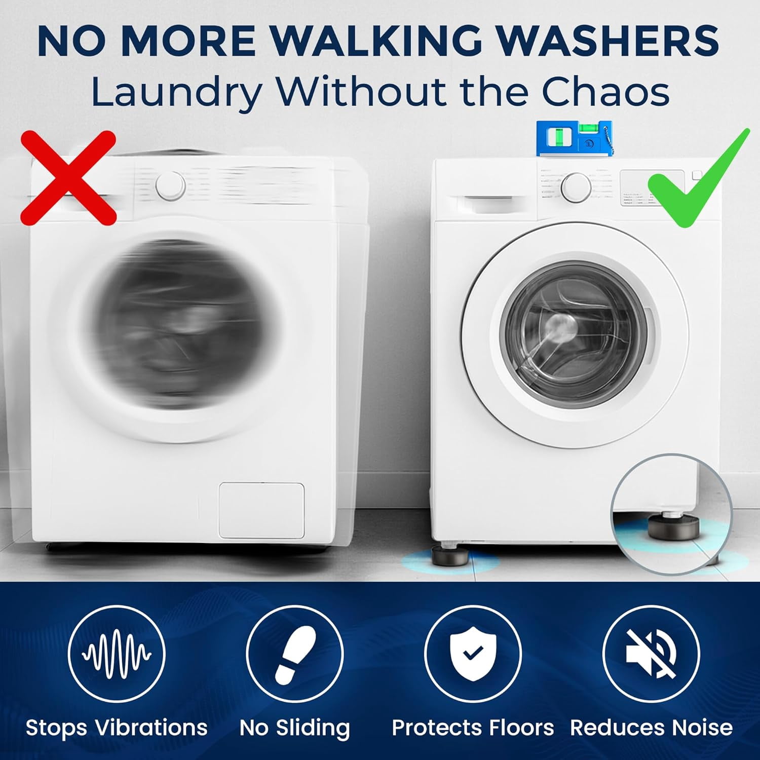 Anti-Vibration Pads for Washing Machine, 4-Pack with Tank Tread Grip & Level – Universal Washer & Dryer Pedestals, Noise Dampening, Floor Protection