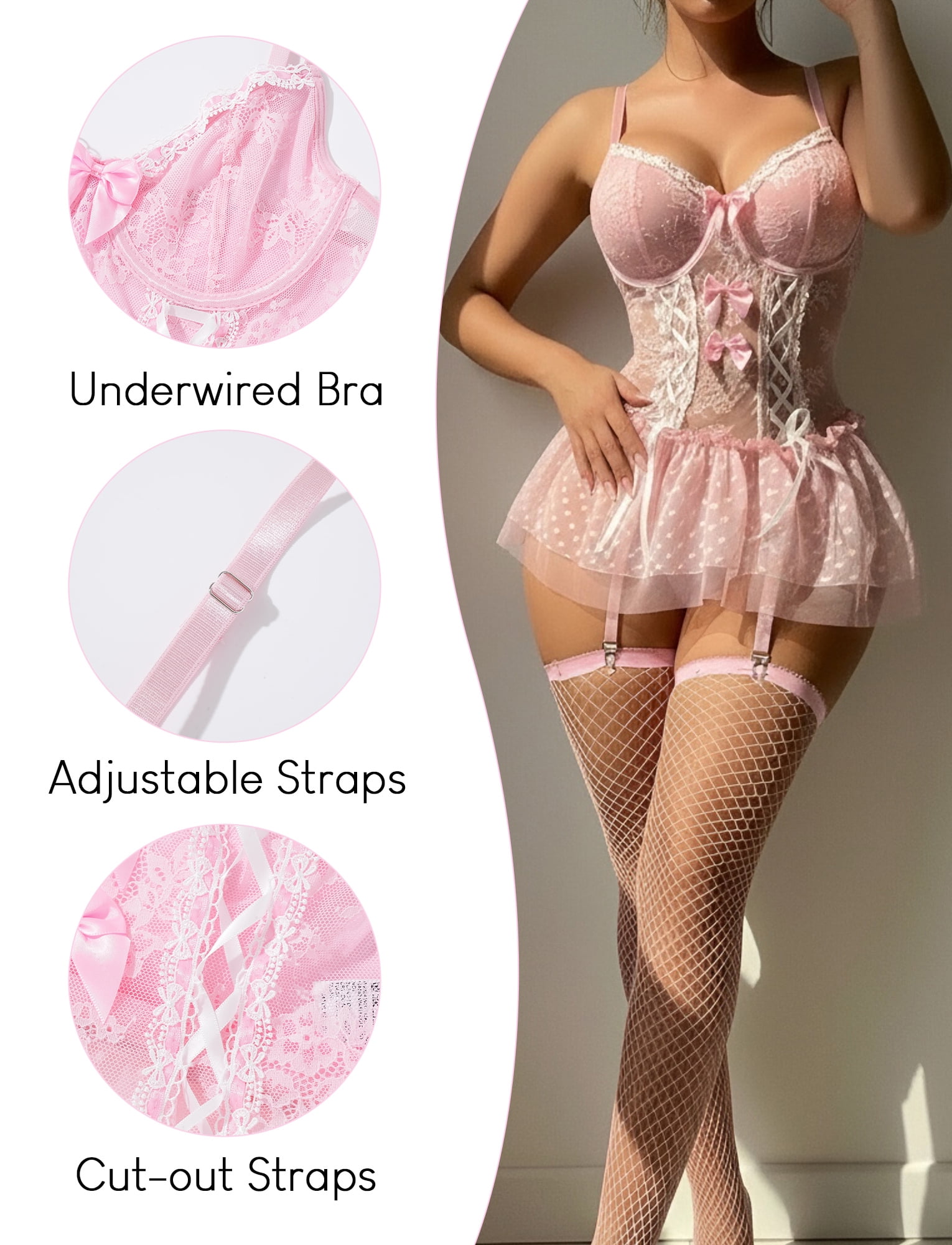 Ausing Women Lace Bodysuit Mesh Corset Nightwear Underwear Lingerie Set with Stockings Garter Belt Thong 3 Piece S Pink