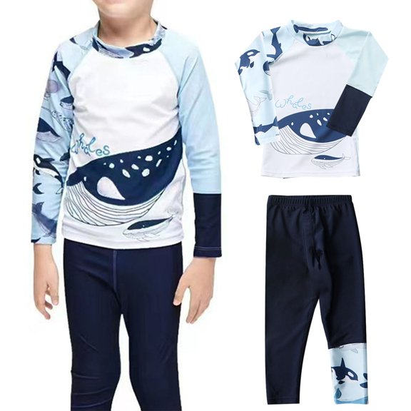 Boys 2 Piece Whale Print Long Sleeve Rash Guard Long Pants Set UPF Sun Protection Swimsuit Size 9-11Y