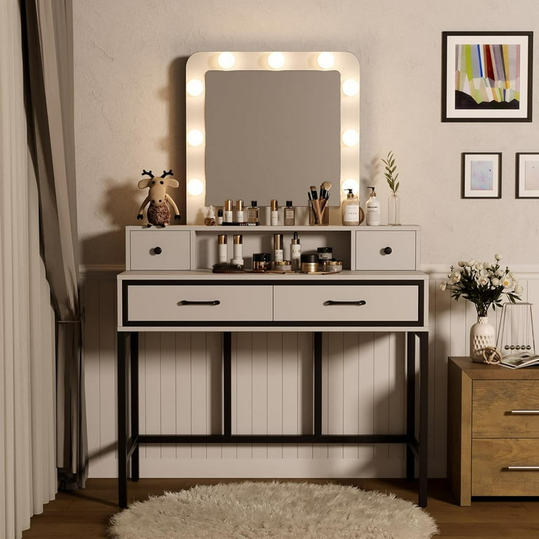 Royalcraft Makeup Vanity Table with 3 Color Dimmable Lighted Hollywood Mirror Vanity Desk with 4 Drawers Dressing Table for Women Girls White