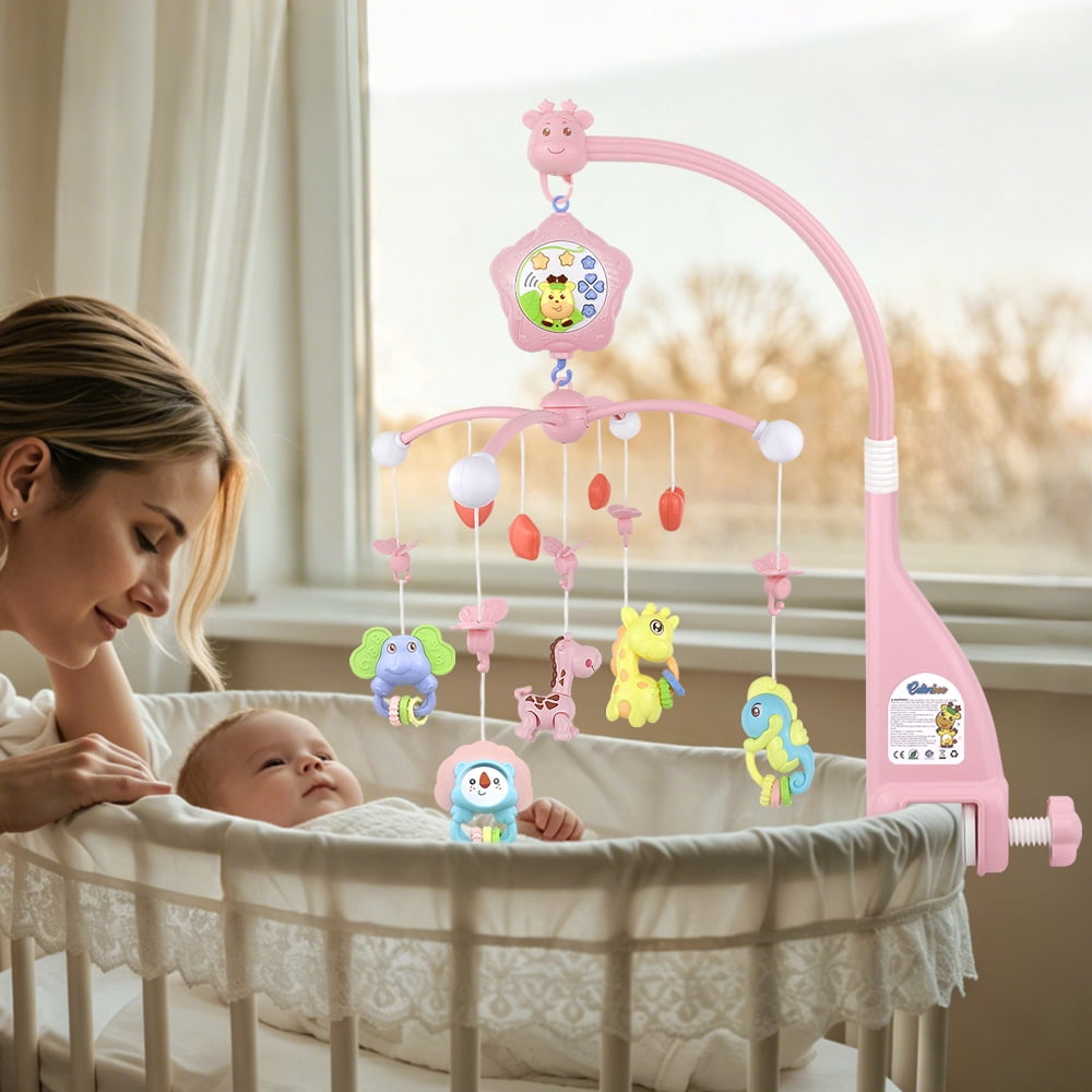 Baby Crib Mobile with Remote Control, Music, Star Planet Projector, 360° Rotation - Pink Musical Baby Mobile with Detachable Chewable Rattles & Teethers