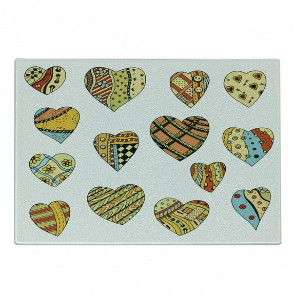 Valentine Cutting Board, Hand Drawn Heart Shapes Different with Ornamental Details Cartoon Art, Decorative Tempered Glass Cutting and Serving Board, Small Size, Multicolor, by Ambesonne