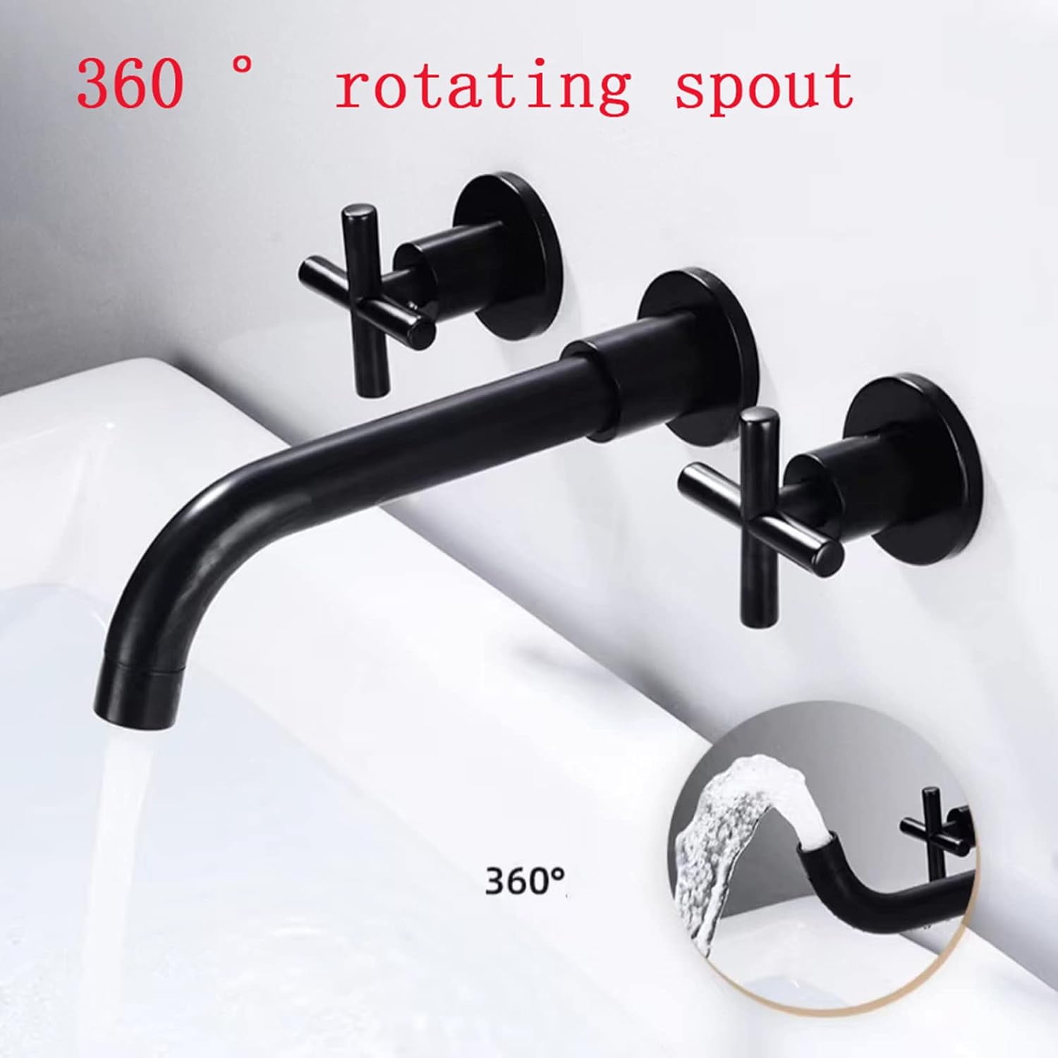 Wall Mounted Bathroom Sink Faucet, Solid Brass, 360 Swivel Spout Sink Faucet, Double Cross Handles, Wall Mount Bathroom Faucet, Black