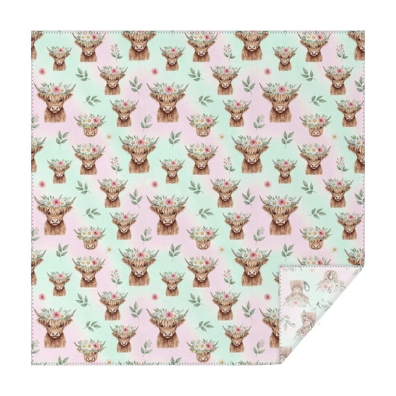 Green Highland Cow Flower Pattern Square Tablecloth,Waterproof Square Table Cover,Wipeable Spillproof Washable Table Cover for Home Kitchen Party Decor 42"X42"(107x107cm)