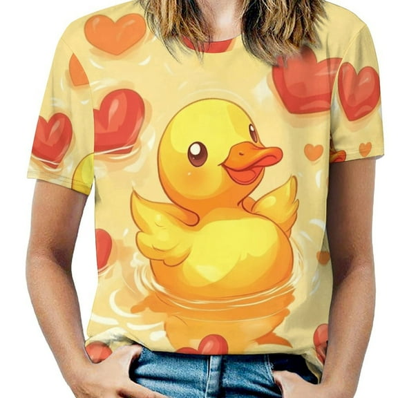 Cute Duck Hearts Print Women's T-Shirt Short Sleeve T Shirts Tops Tee Ladies Loose T