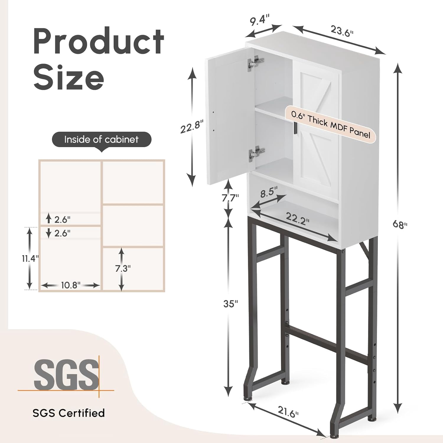 Fil-fresh Over The Toilet Storage Cabinet, Bathroom Organizers and Storage with Barn Doors, Thicken Metal Stand & MDF Wood Above Toilet Storage Cabinet, Freestanding Space Saver, White