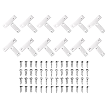 Uxcell 12 Pack T Shape Flat Bracket, 2.36" x 2.36" Metal Flat Corner Bracket Right Angle Corner Brace Mending Plate with Screws, Silver