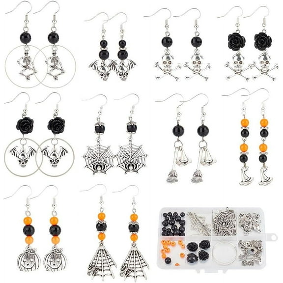 1 Box 10 Pairs Halloween Earrings Dangle Making Starter Kit Skeleton Bone Spider Pumkin Charms Glass Beads for Jewelry Making Kits Beginner Adult Women DIY Dangle Earrings Craft Supplies