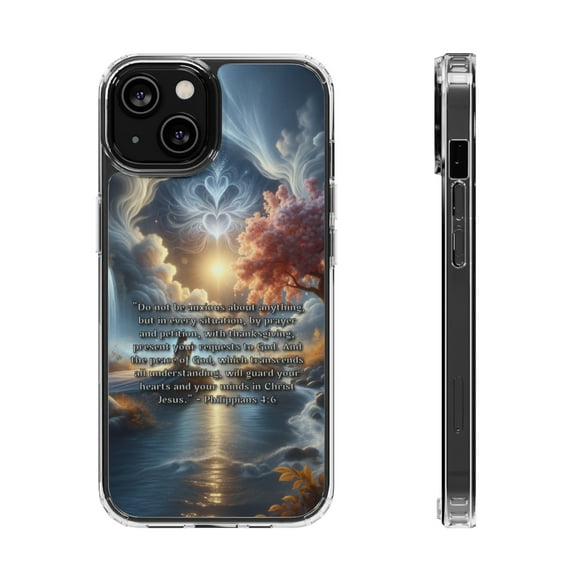 DistinctInk Hybrid (Acrylic / TPU) Clear Slim Fit Case for Apple iPhone 15 (6.1" Screen) - "Philippians 4:6 - Seeking God's Peace Amidst Anxieties"