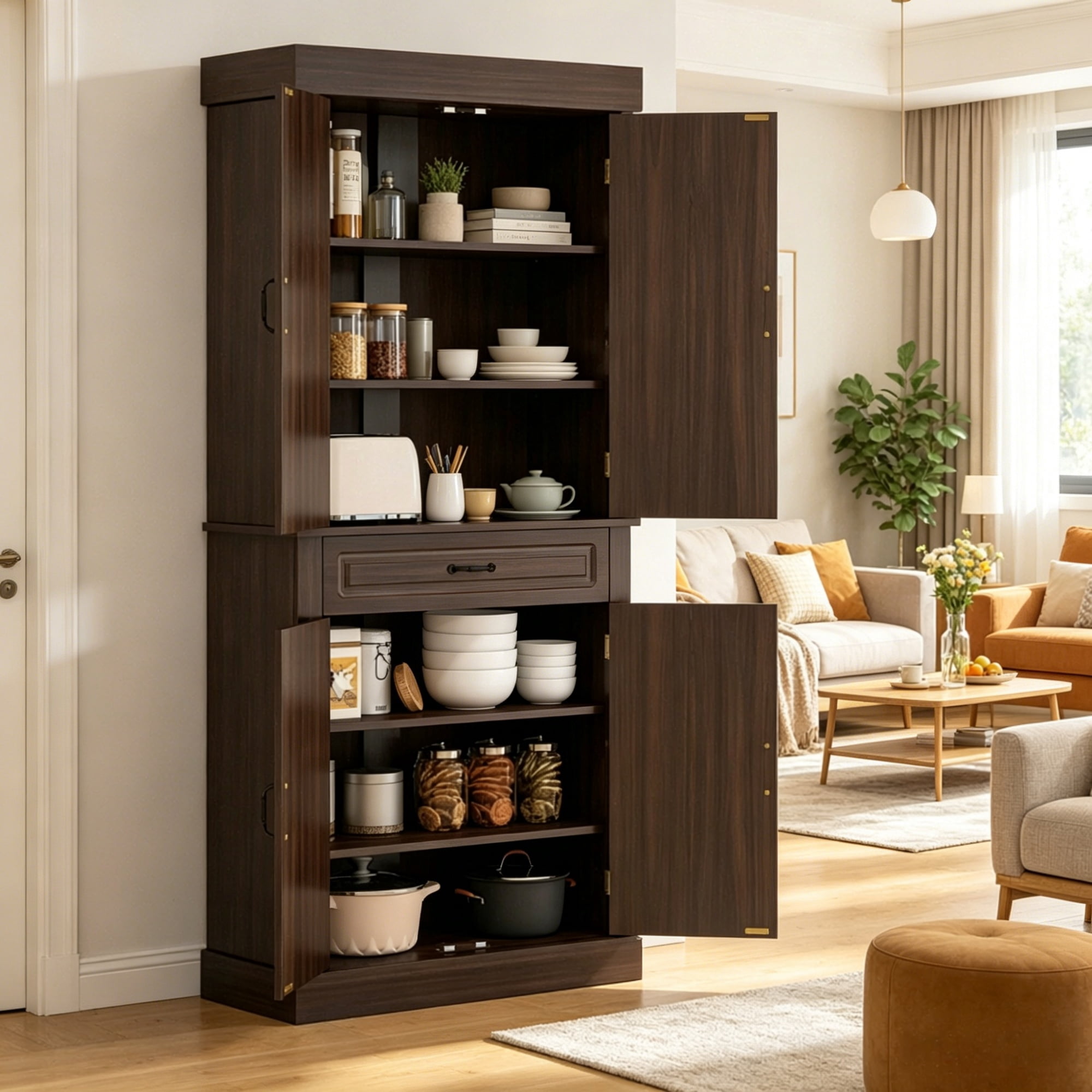 71" Freestanding Kitchen Pantry Cabinet with 4 Doors 2 Large Storage Cabinets And an Additional Drawer for Coffee & Kitchen Supplies