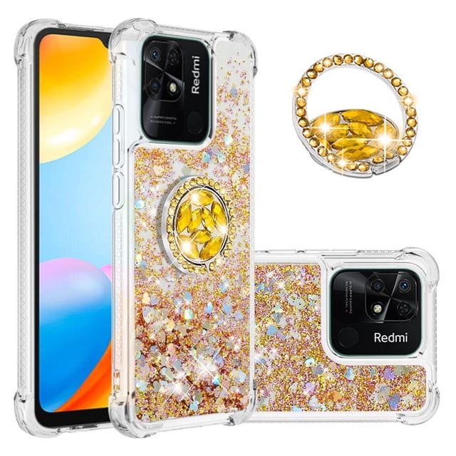 Funda para Xiaomi Redmi 10C con Brillo Líquido Flotante, Purpurina, Parachoques y Anillo Giratorio Soporte