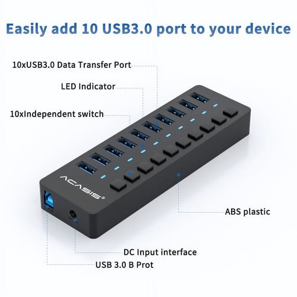 ACASIS USB 3.0 10-Port Hi-Speed Hub with Individual Switches and Group Control Support