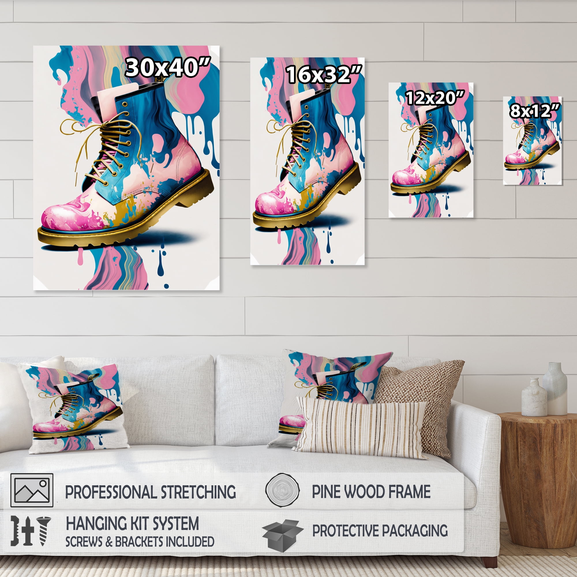 Designart Pink And Blue Art Deco Army Shoes II Canvas Wall Art