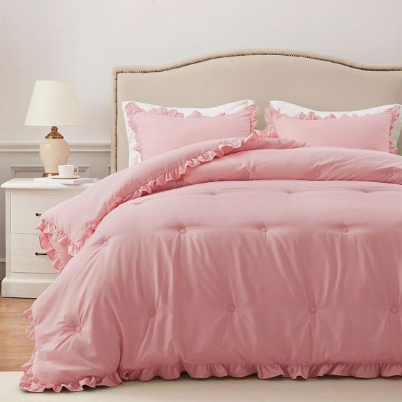 Fluffy pink comforter set queen size, 3 piece ruffle bedding, shabby chic design, breathable microfiber, wrinkle resistant, easy maintenance, luxurious sleep, pink