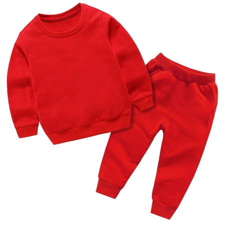 Dnhxils Boys Sweatsuit Set Solid Crew Neck Long Sleeve Button Tops Cuffed Sweatpants with Pockets Athletic Leisure Fall Clothes for Toddlers Red 3-4 Years