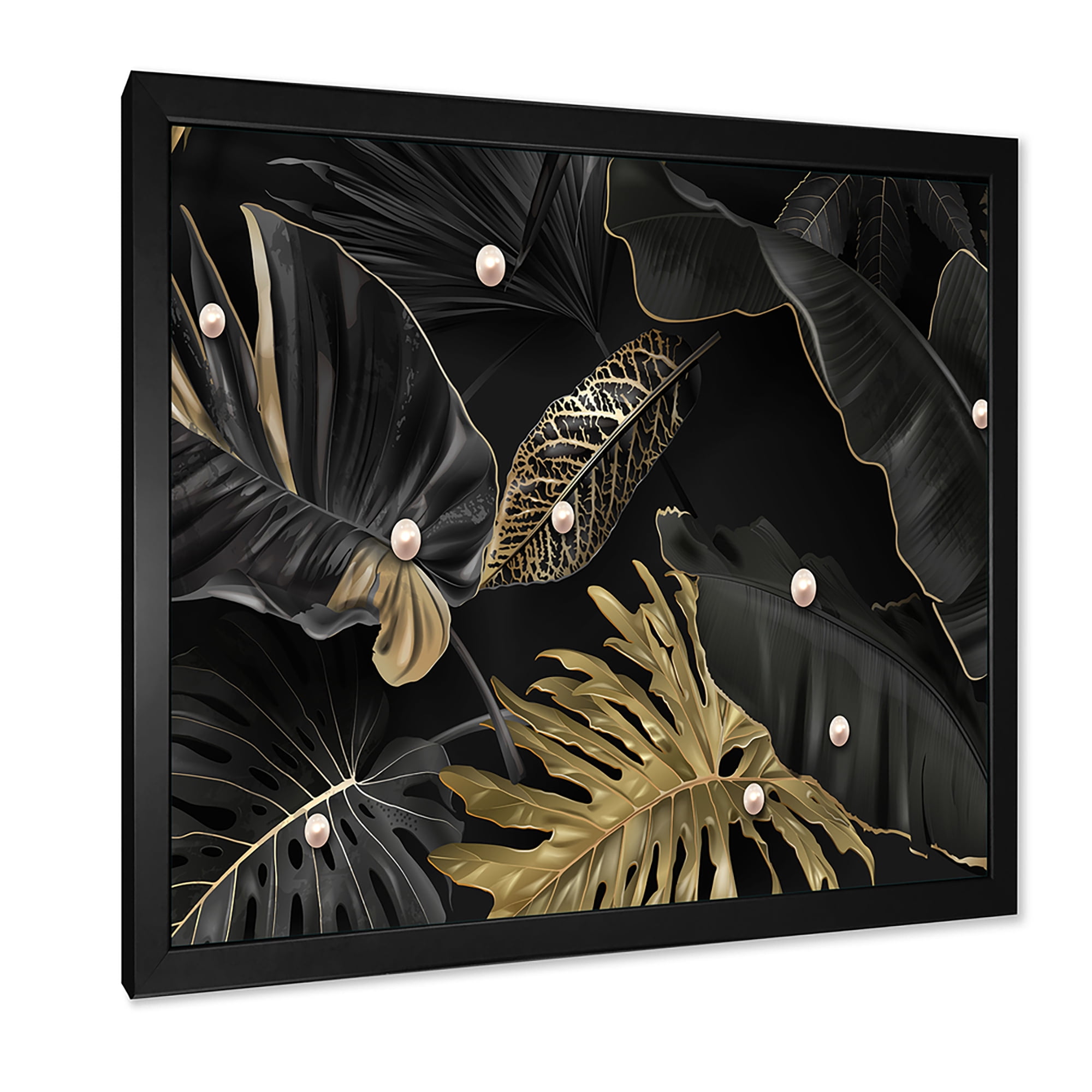 Designart 'Gold and Black Tropical Leaves III' Modern Framed Art Print