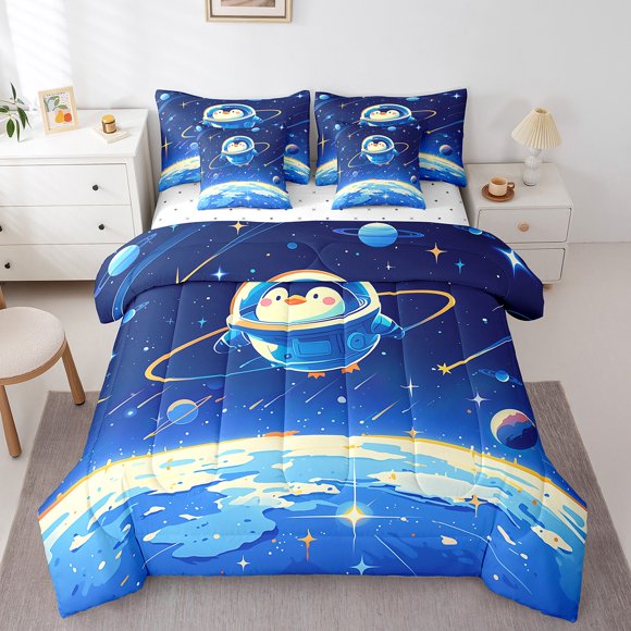 YST Astronaut Penguin Comforter Set Full 7 Piece,Galaxy Planet Bedding Set Outer Space Room Decor for Kids,Funny Animal Print Bed in a Bag with Fitted Sheet,Flat Sheet,Pillowcases & Shams