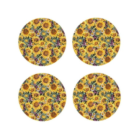 

Leather Coasters Set of 4 - Sunflowers Vintage Lightweight Non-Slip Drink Coasters for Desk Anti-Scalding Desk Cup Coasters for Office Table Decor Round Shape
