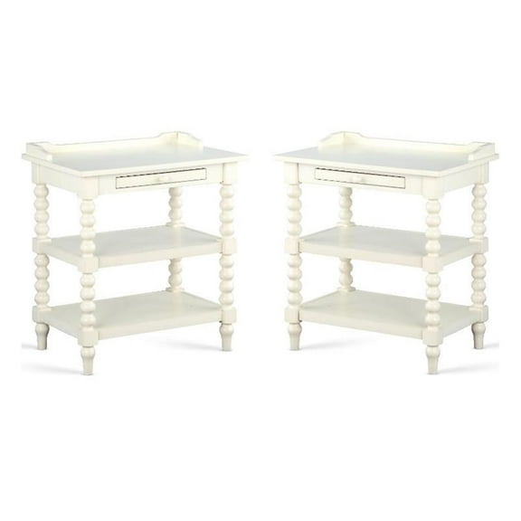 Home Square Wood Turned Leg Storage Nightstand in Antique White - Set of 2