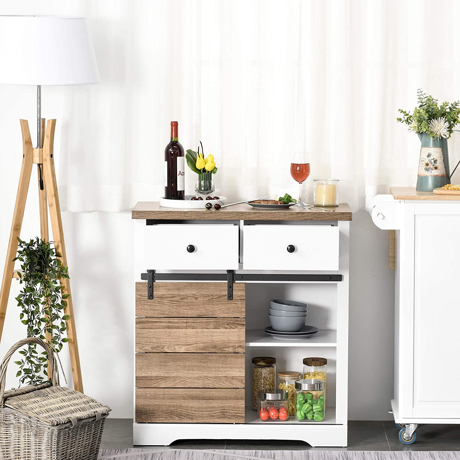 HOMCOM Farmhouse Coffee Bar Cabinet With Barn Doors - White Kitchen Buffet With Wine Racks & Storage