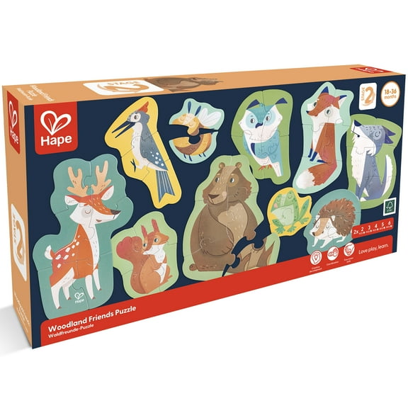 Hape: Woodland Friends Puzzle - 10 Mini Animal Shaped Puzzles, 2-6 Oversized Pieces Each, Colorful Design, Preschool Toy, Toddlers & Kids Ages 18mo 