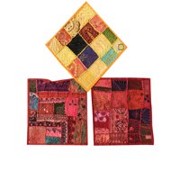 Mogul Set Of 3 Patchwork Colorful Indian Handmade Vintage Embroidered Decorative Cushion Cover Throw Pillow Sham 16"X16"