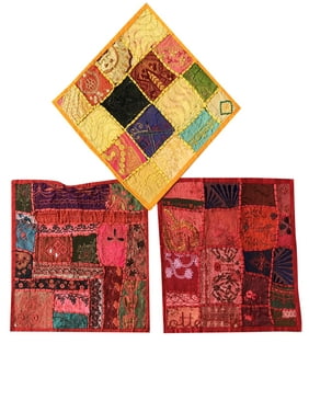 Mogul Set Of 3 Patchwork Colorful Indian Handmade Vintage Embroidered Decorative Cushion Cover Throw Pillow Sham 16"X16"