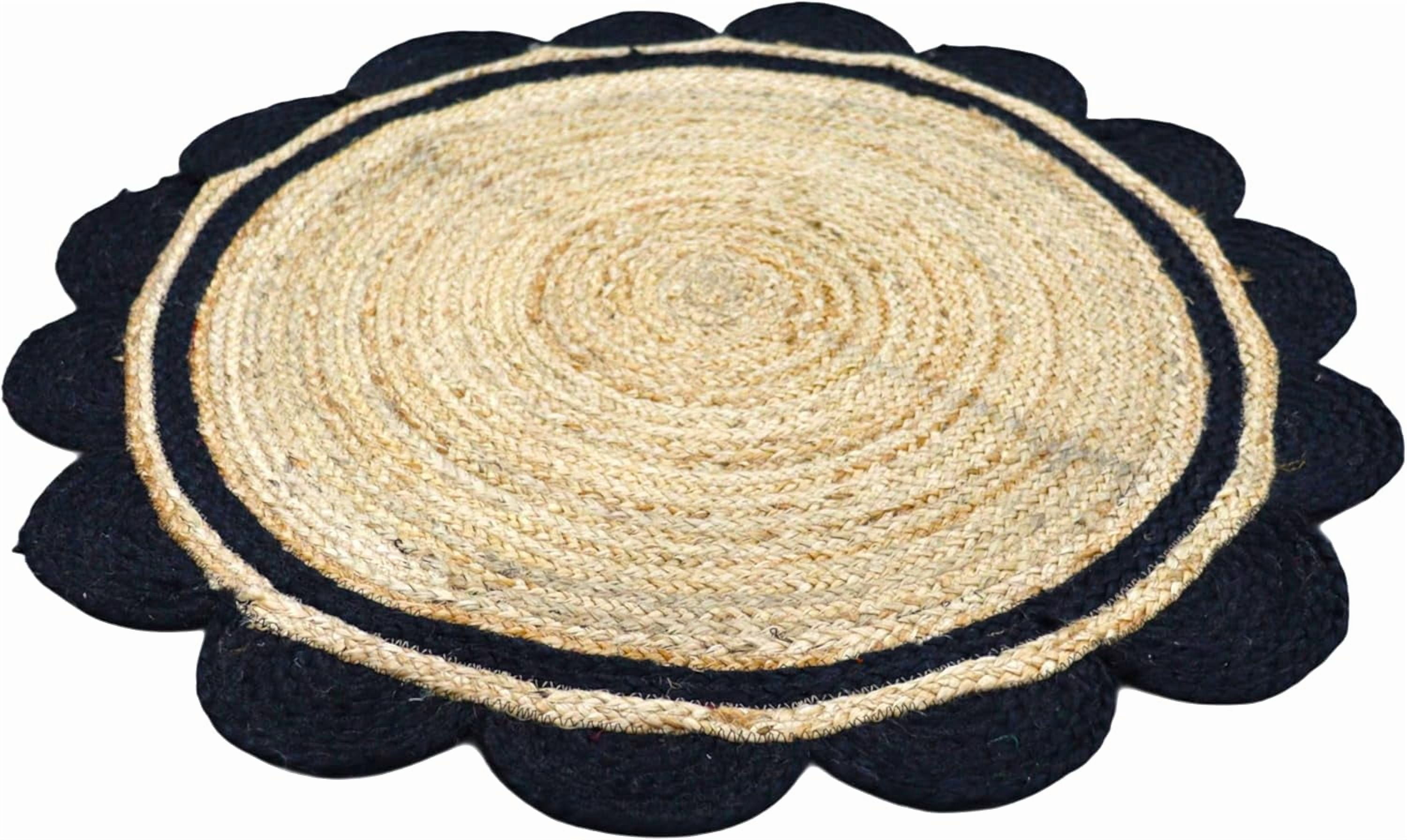 2 Ft Round Black & Natural Jute Premium Scalloped Jute Rug | Boho scalloped rug for Living Room | Bedroom | Kitchen | Hallway | Entryway