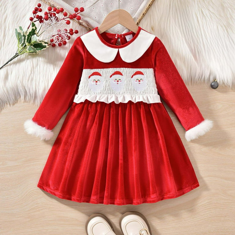 Kogui Girls Christmas Dress Toddler Kids Baby Girl Christmas Dress Long  Sleeve Smocked Embroidered Velvet Dresses Winter Clothes Size 18 24  Months(Red,18-24 Months)