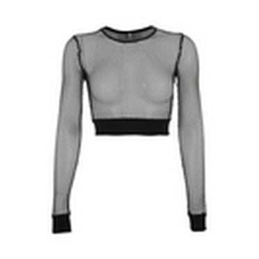 Emmababy Women Crop Tops Fishnet Sheer Long Sleeve Crew Neck Solid Color Clubwear