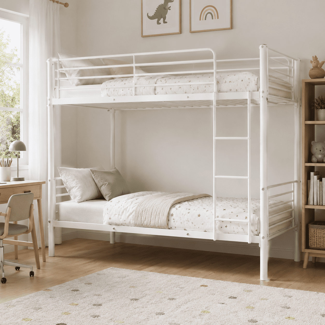 Alvantor Twin over Twin Metal Bunk Bed with Reversible Ladder and Guardrails, White