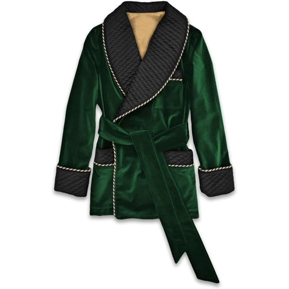Dark Green Velvet Smoking Jacket with Quilted Silk Shawl Collar English Vintage Gentleman Belted Robes
