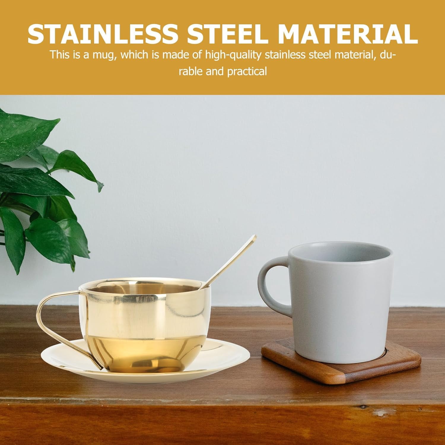 ABCISI Stainless Steel Coffee Cup Set with Saucers and Spoons, 7Oz Double Wall Espresso Mugs for Tea Latte and Cappuccino Enjoyment for Home Coffee Shop and Office, Gold