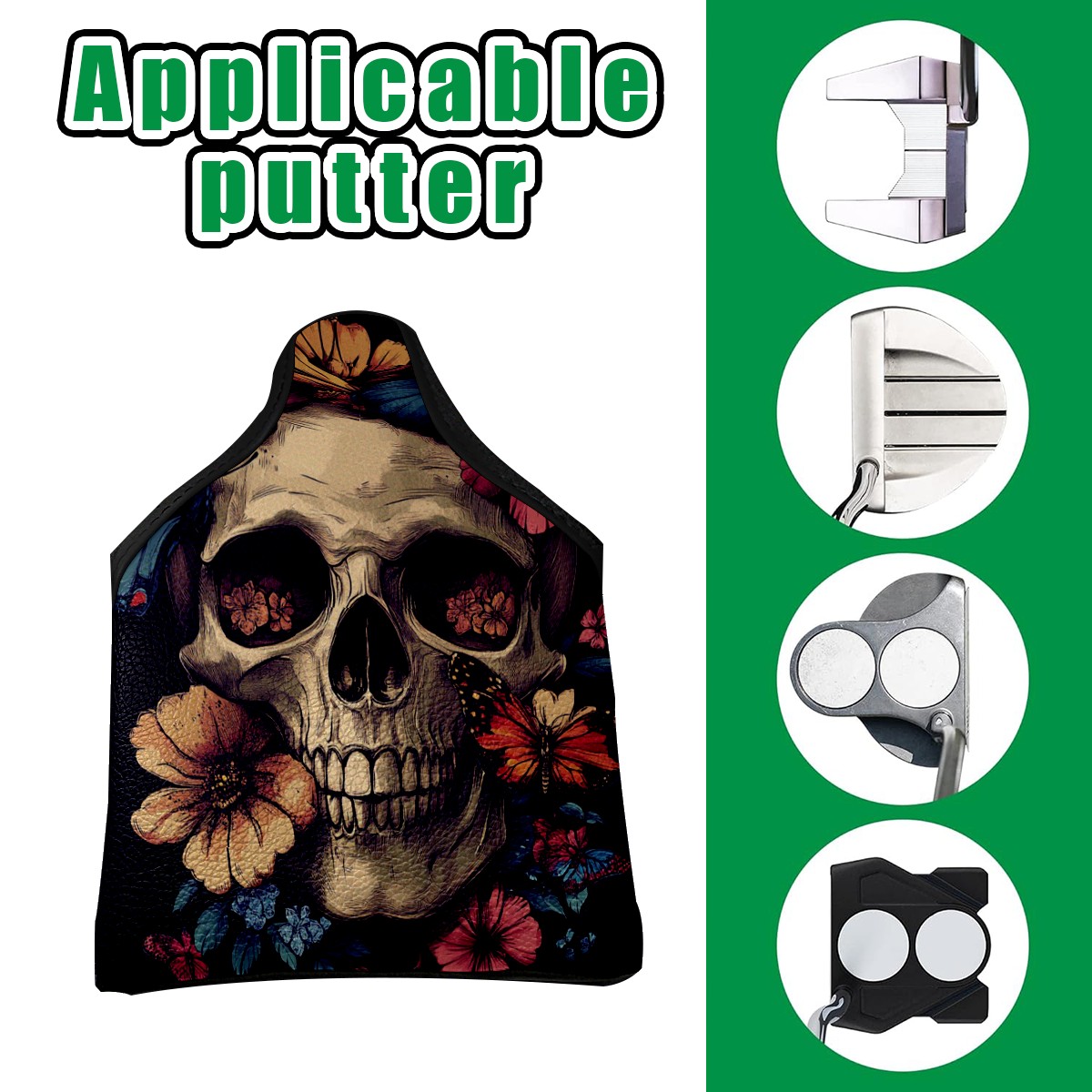 Golf Mallet Putter Cover Premium Leather Waterproof Golf Putter Head Cover with Magnetic Closure Skull with Butterflies and Flowers