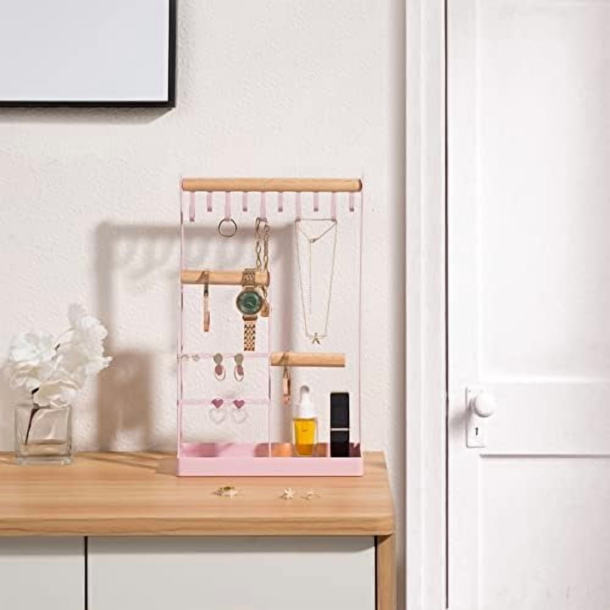 Jewelry Stand Holder Organizer, 4-Tier Necklace Holder with Ring Tray, 10 Hooks Necklaces Hanging Small Jewelry Display Storage Tower Tree for Bracelets Earrings Watches -Medium, Pink