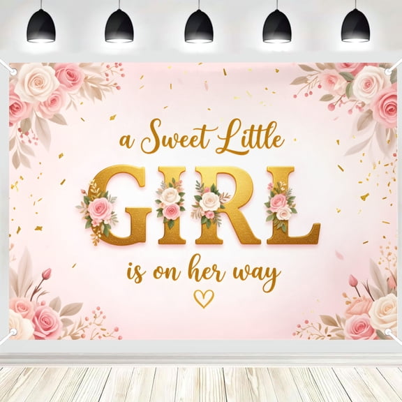 A Sweet Little Girl Is On Her Way Backdrop, Pink Floral Gold Letter Photography Background, Baby Shower Party Banner for Girl Gender Reveal, Photo Booth Decor 16x24in