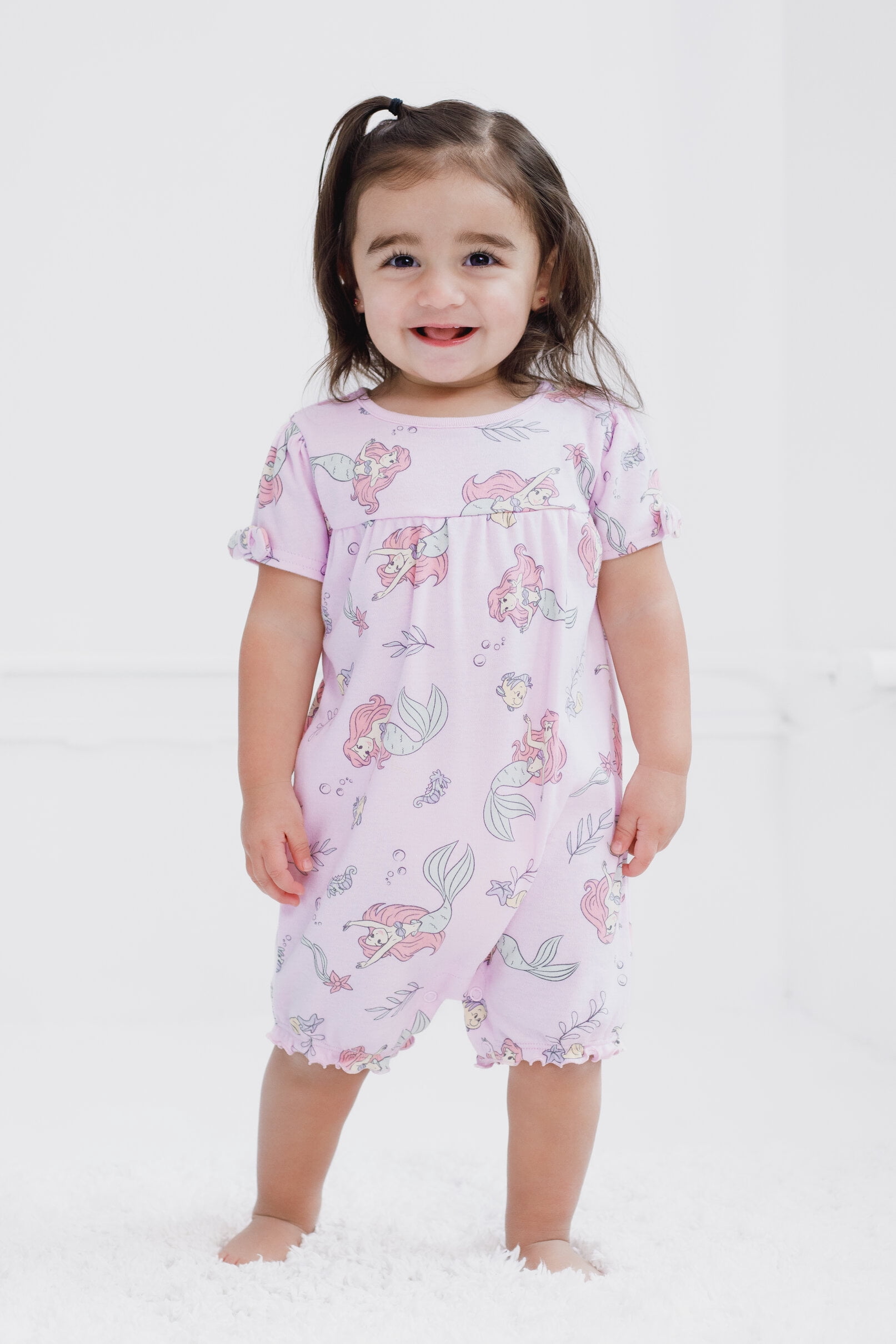 Disney The Little Mermaid Baby Girls' 2-Pack Short Sleeve and Sleeveless Bubble Romper Set Mint and Pink Ariel and Flounder