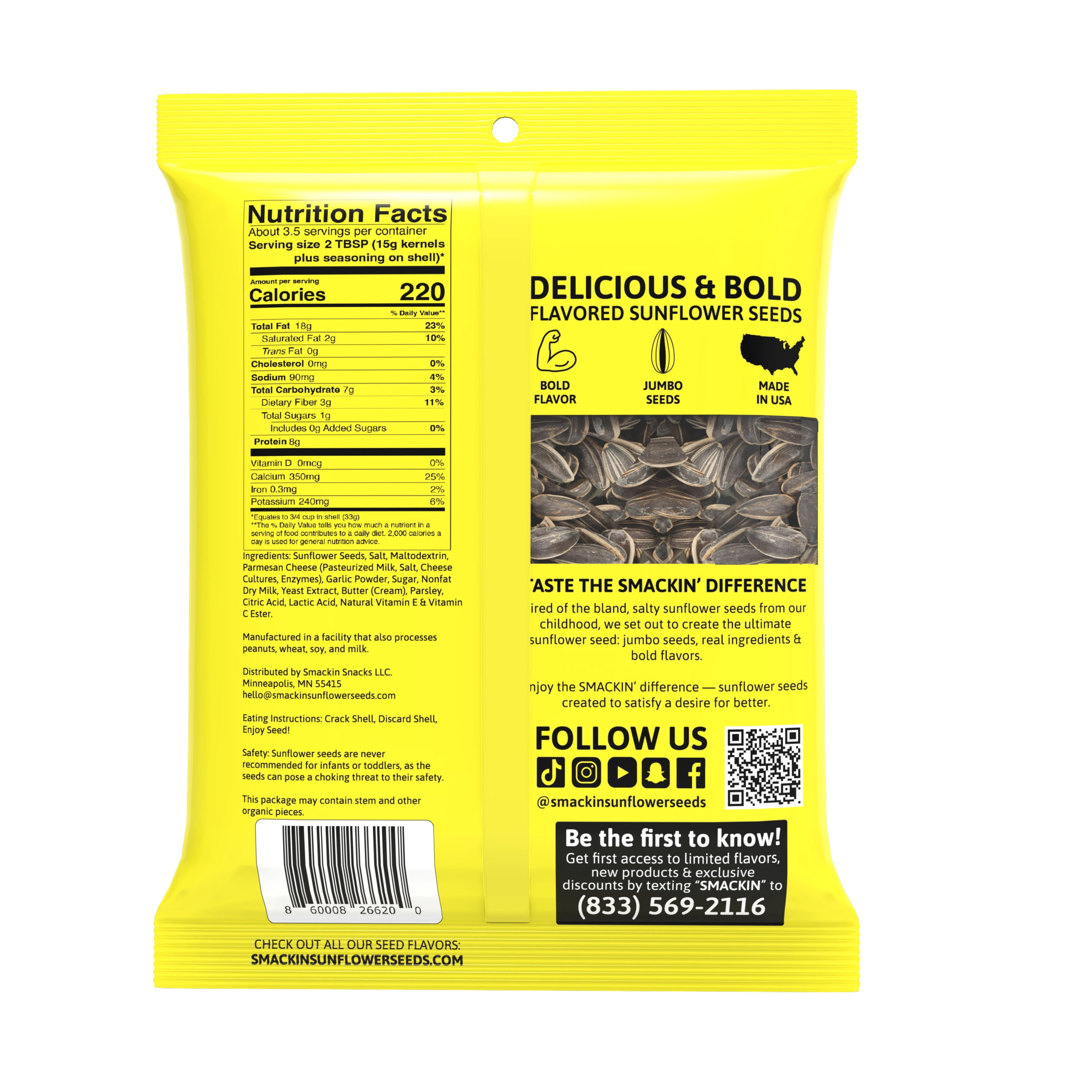 (4 pack) SMACKIN' Sunflower Seeds, Garlic Parmesan, 4 oz Resealable Bag