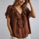 thumbnail image 4 of Tops de Manga Corta para las Mujeres Encaje de Cuello en V de Ajuste Suelto Lino de Color Sólido, Verano Tops de Manga Corta para las Mujeres Respirable, 4 of 7