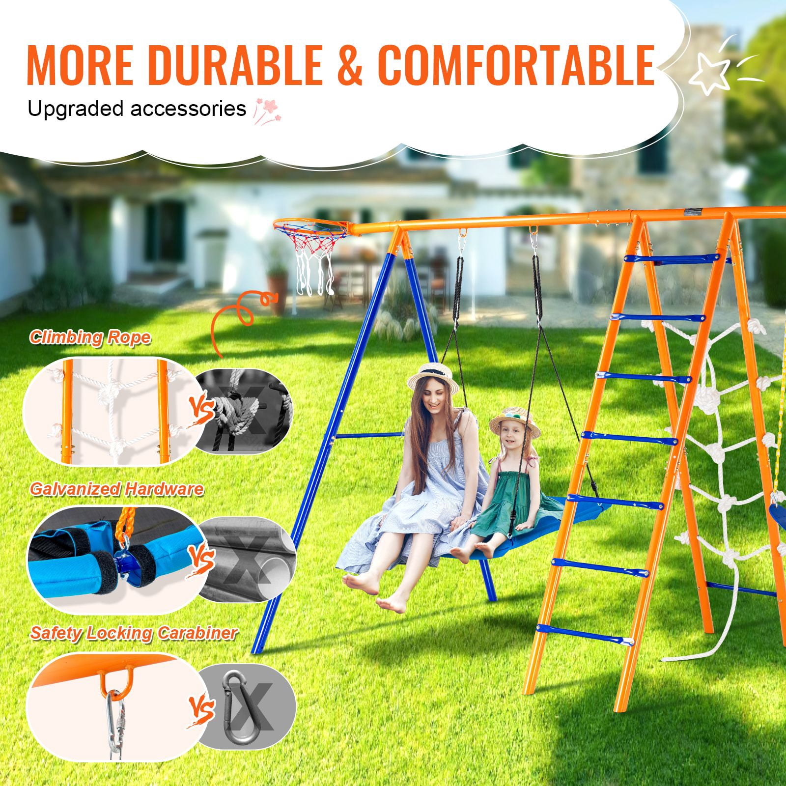 Swing Sets for Backyard, 6 in 1 Swing Set with 2 Swings, Trapeze Bar, Climbing Ladder, Climbing Net, and Basketball Hoop, 440lbs Load Capacity Heavy-Duty Metal Swingset Outdoor for Kids Ages 3+