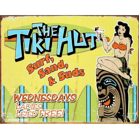 Dreams Box - The Tiki Hut Tin Sign 16 x 12in, ITEM IS NEW IN BOX WITH FOLDED EDGES FOR EASY MOUNTING ! By DREAM HOME DECORATING