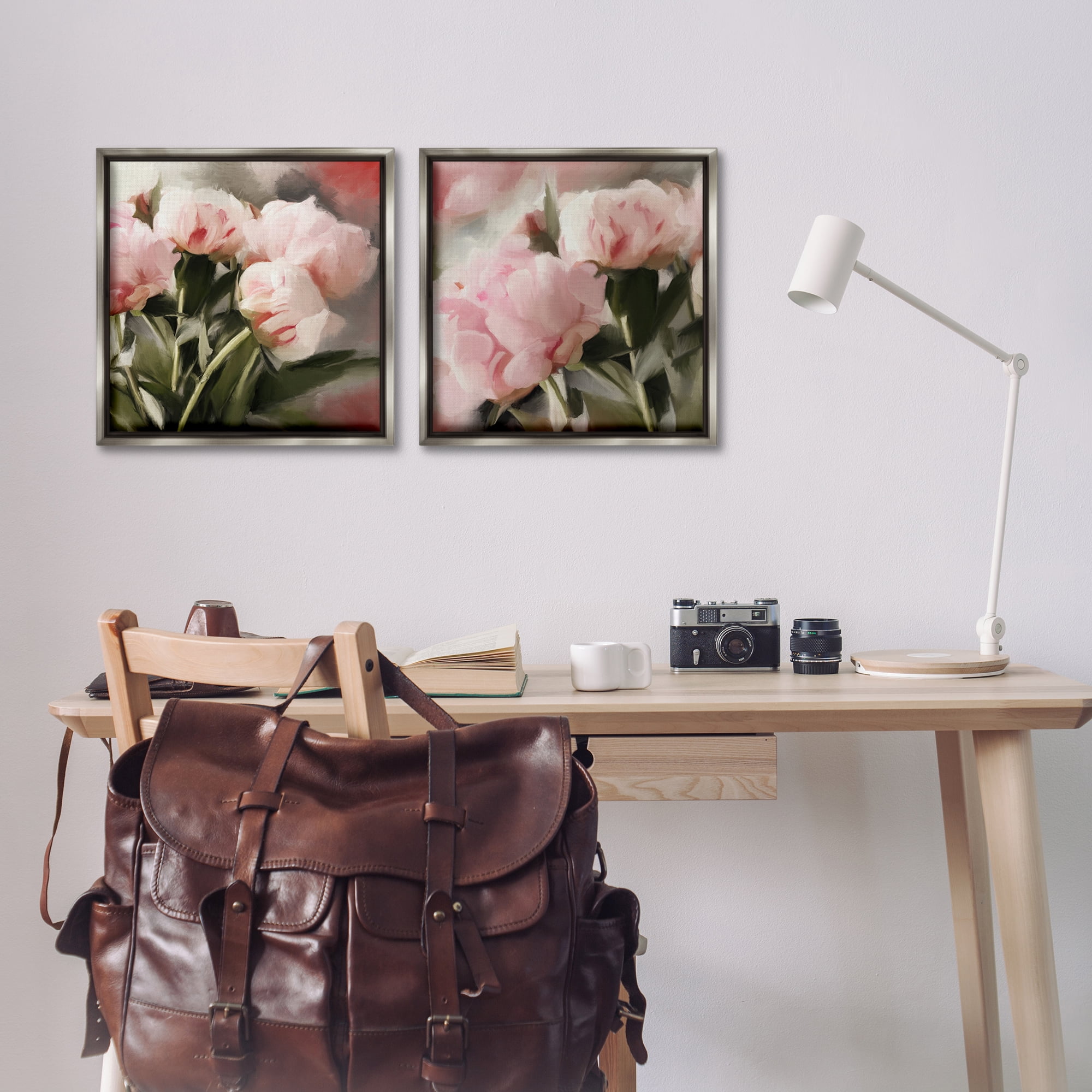 Stupell Industries Soft Pink Peony Arrangement Plants & Flowers Painting Gray Floater Framed Canvas Art Print Wall Art, 18 x 18, Set of 2