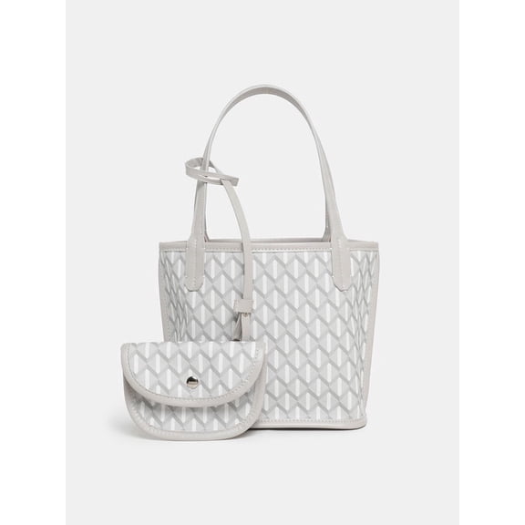 Alikpop Geometric Print PU Mini Tote Handbag, Matching Coin Purse Shoulder Bag Set for Women, Light Gray