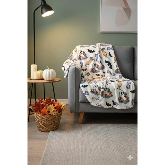 Halloween Plush Blanket 60x70 – Soft Long Hair Throw with Cute Ghost & Candy Designs, Cozy Pink & Black Decorative Blankets for Couch, Bed & Halloween Décor (Pool Ghost)
