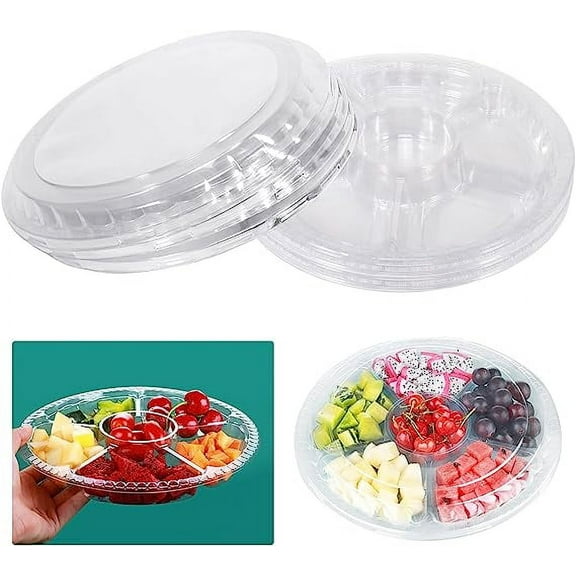 Nvzi Round Plastic Divided Appetizer Tray with Lid for Party and Buffet 10 Pieces