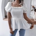 thumbnail image 4 of Women's Puff Short Sleeve Square Neck Shirred Ruffle Smocked Peplum Blouse Tops Shirt Cute Babydoll Tops Blouses, 4 of 5