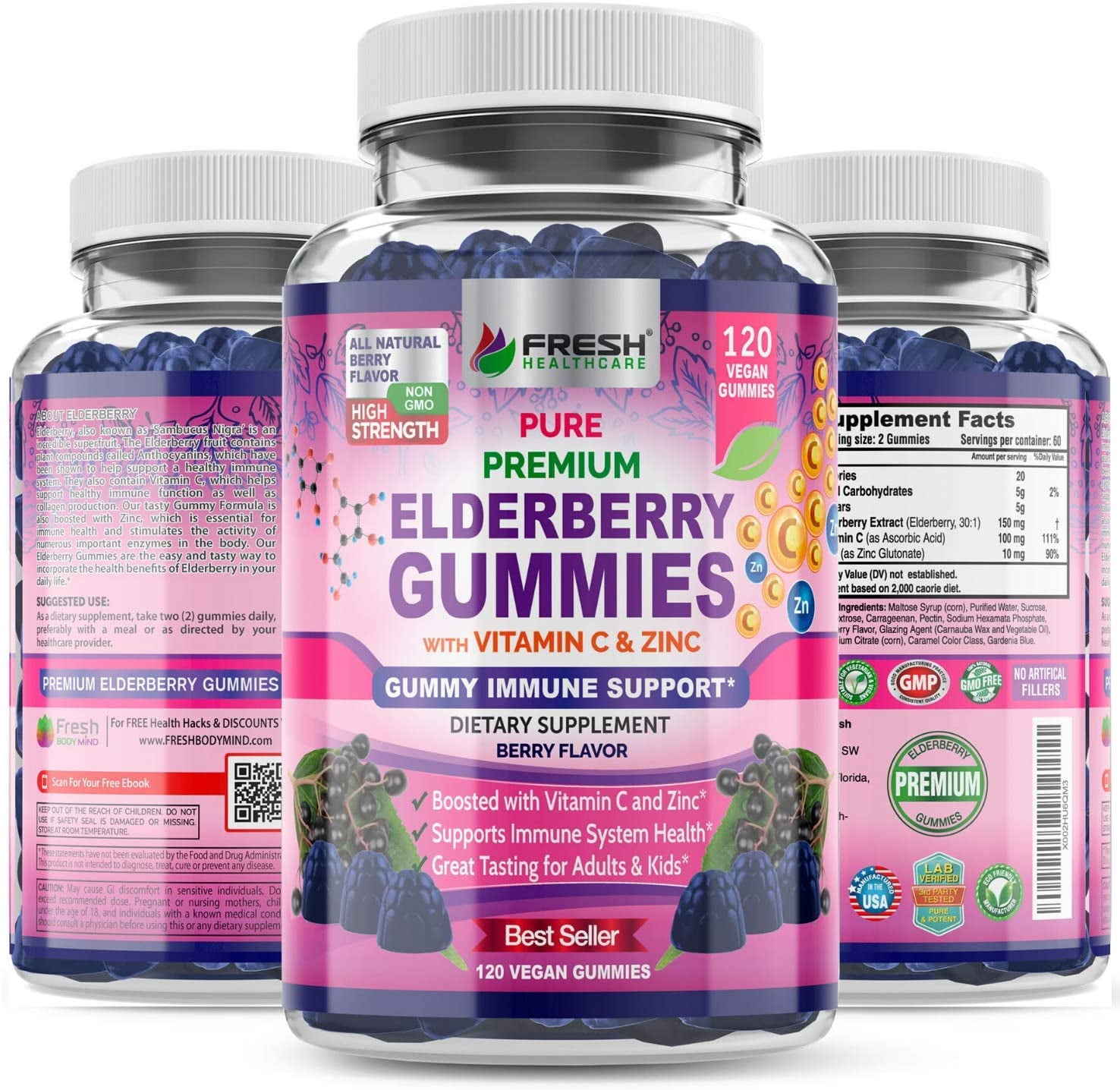 Fresh Healthcare Elderberry Gummies 150mg & 120 Count - Sambucus ...