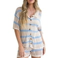 thumbnail image 2 of Yunliwuli Women 2-piece Striped Knit Outfit, Short Sleeve Button-down Shirt with Shorts Hollowed Summer Outfit, 2 of 10
