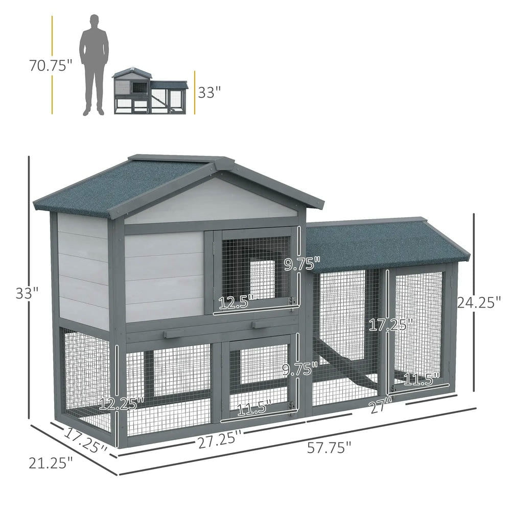 Barara King Large Rabbit Coop, Rabbit Coop, Outdoor Rabbit House,58" Large Rabbit Hutch Outdoor Indoor with Run, Removable Tray, Asphalt Roof, Lockable Doors and Ramp, Dark Gray