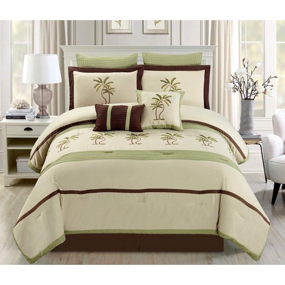 8 Piece Sage Green / Beige / Brown Tropical Palm Tree Embroidered Comforter Set California (Cal) King Size Bedding 106"X94"